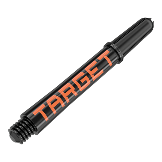 Target Pro Grip TAG Shafts - 3 sets - Zwart Oranje Das Bild zeigt einen schwarzen Dartshaft mit orangefarbener Aufschrift "TARGET". Der Shaft ist aus Kunststoff und hat ein Schraubgewinde am unteren Ende.