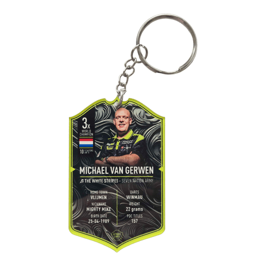Ultieme dartkaart-sleutelhanger - Michael Van Gerwen Ultimate Darts Card Schlüsselanhänger - Michael Van Gerwen ist zu sehen. Der Schlüsselanhänger zeigt ein Motiv des berühmten Dartspielers Michael Van Gerwen.