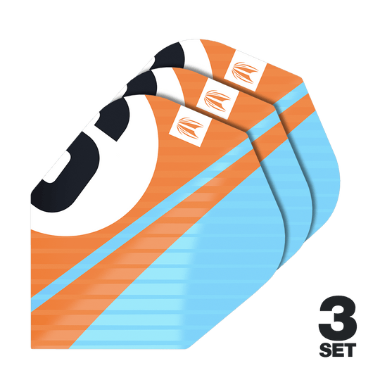 Target Pro Ultra Chicane Oranje No6 Flights - 3 sets Das Bild zeigt drei Sets von Target Pro Ultra Chicane Orange No6 Flights für Dartpfeile. Die Flights sind in Orange, Blau und Schwarz gestaltet und tragen das Target-Logo.