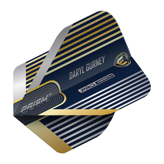 Winmau Prism Delta Daryl Gurney No2 Standaardvluchten Das Bild zeigt ein Dartflight mit dem Namen "Winmau Prism Delta Daryl Gurney No2 Standard Flights". Das Design ist dunkelblau mit silbernen und goldenen Streifen sowie dem Schriftzug "Daryl Gurney".