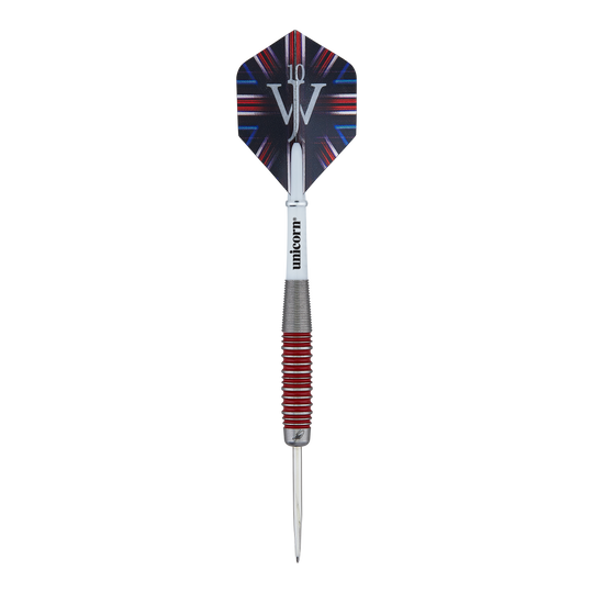 Unicorn The Machine James Wade 90% stalen darts Auf dem Bild ist ein Steeldart der Marke Unicorn zu sehen, Modell "The Machine James Wade 90%". Der Dart hat ein silbernes Griffstück mit roten Ringen und eine Flight mit dem Logo "JW".