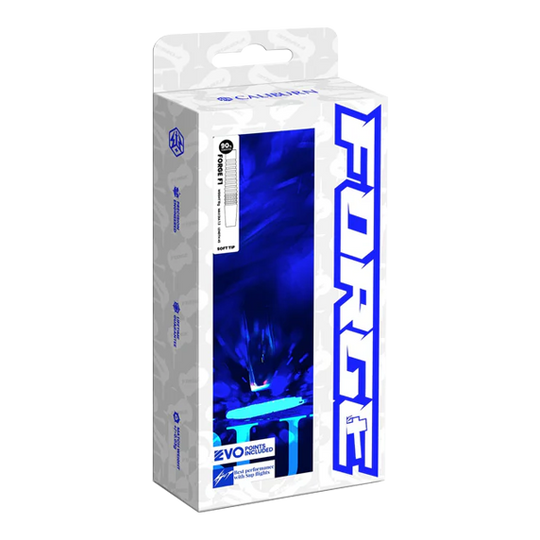 Die Abbildung zeigt die Verpackung der „Caliburn Forge F3 Steeldarts - 22g“. Die Box ist überwiegend weiß mit blauen Akzenten und großem „FORGE“-Schriftzug an der Seite.