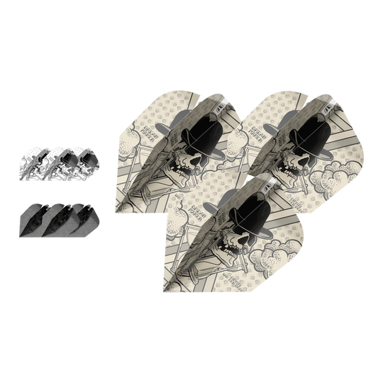 Target Inktbundel 3 sets Dimitri Van Den Bergh No6 Flights Das Bild zeigt drei Sets Dimitri Van Den Bergh No6 Flights aus der Target Ink Bundle Serie. Die Flights haben ein auffälliges Design mit einem Totenkopf, der einen Hut trägt.