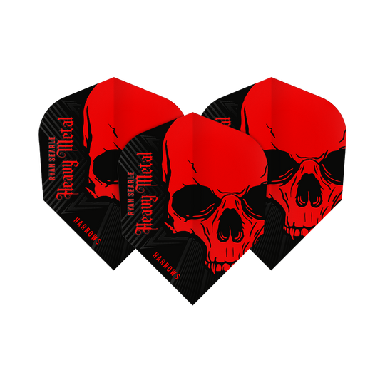 Ryan Searle van Harrow Heavy Metal No6 Flights Das Bild zeigt die Harrows Ryan Searle Heavy Metal No6 Flights. Die Flights sind schwarz und rot gestaltet und zeigen einen auffälligen Totenkopf mit dem Schriftzug "Heavy Metal".