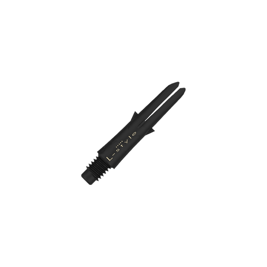 L-Style carbon schachten Das Bild zeigt einen schwarzen Dart-Schaft aus Carbon mit der Aufschrift "L-style". Der Schaft ist ohne Kappen und hat ein Gewinde am unteren Ende.