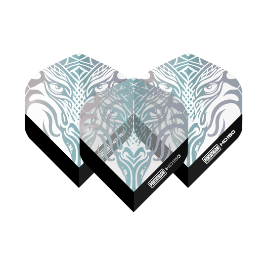 Pentatlon HD150 Metallic Clear Standaardvluchten Das Bild zeigt die Pentathlon HD150 Metallic Clear Standard Flights mit einem stilisierten, tierischen Gesichtsmuster. Die Flights sind größtenteils durchsichtig mit silbernen und metallischen Akzenten sowie schwarzem Rand unten.