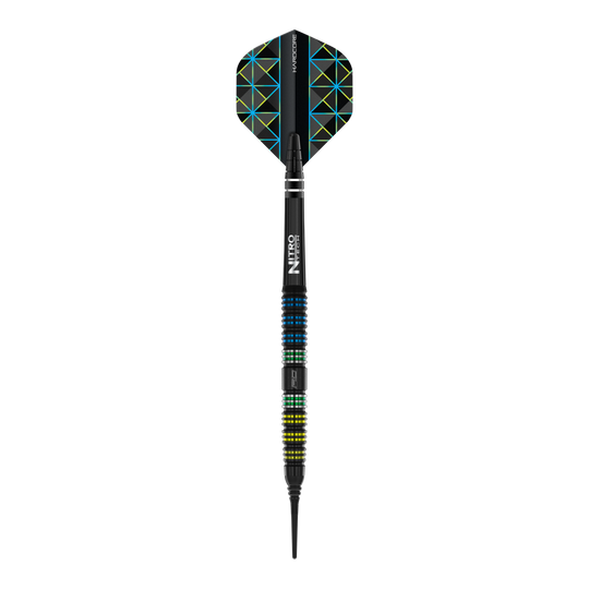 Der abgebildete Dart ist der "Red Dragon Dragonfly 95 Black Tapered Softdart" mit einem Gewicht von 18g. Er hat ein schwarzes, modernes Design mit farbigen Ringen am Griff und einem geometrischen Muster auf dem Flight.