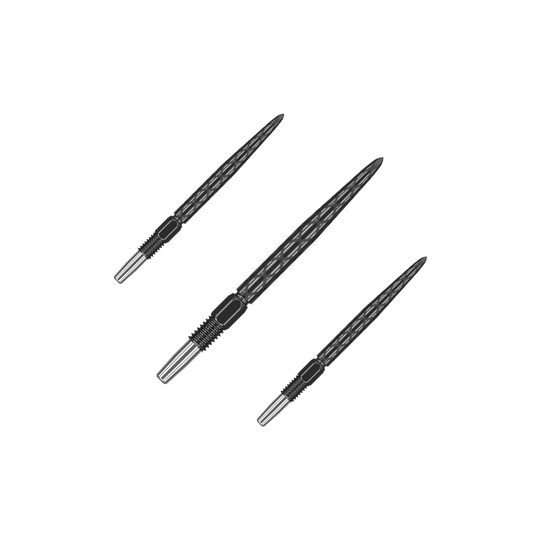 Target Swiss Diamond Pro Black Points dartpunten Das Bild zeigt drei schwarze Dartspitzen mit silbernem Ende. Die Spitzen haben ein Rautenmuster und sind nebeneinander angeordnet.