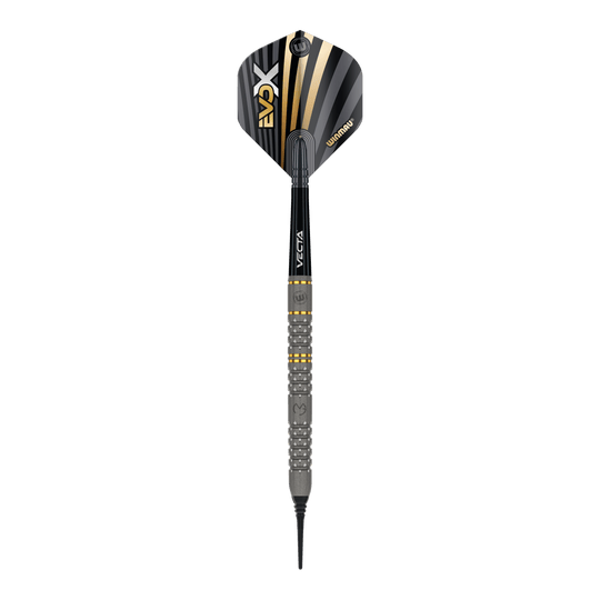 Winmau Michael Van Gerwen Evo-X zachte dartpijlen - 20g Das Bild zeigt einen Winmau Michael Van Gerwen Evo-X Softdart mit einem Gewicht von 20g. Der Dart hat ein modernes Design mit schwarz-goldenen Akzenten und einer strukturierten Griffzone.