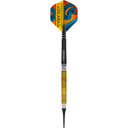Red Dragon Peter Wright Dubbel Wereldkampioen SE Gold Plus Softdarts - 20g Das Bild zeigt einen Softdart mit goldfarbenem Griff und bunter Spitze. Auf dem Flight steht "Snakebite Double World Champion" und es ist ein blauer Drache abgebildet.