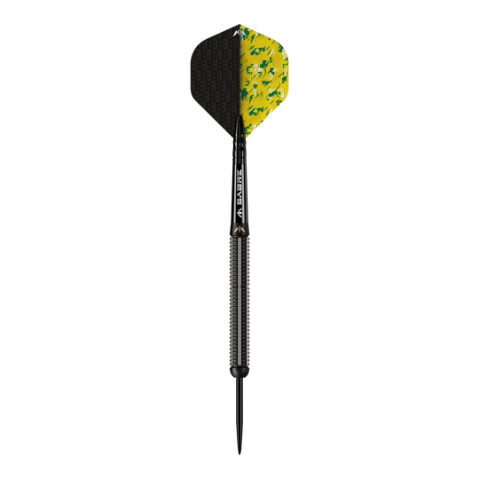 Der abgebildete Dart ist der Mission Thomas Banks Black PVD Steeldart mit einem Gewicht von 24 Gramm. Er hat ein schwarzes Barrel und Flights mit einem schwarz-gelben Muster.
