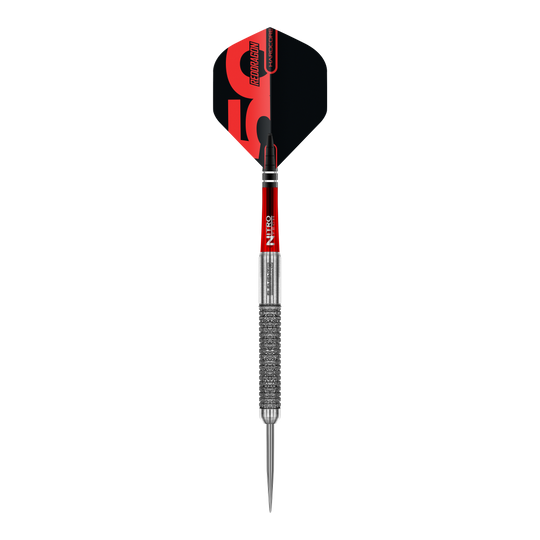 Red Dragon 50 Jaar Collectie Element 6 B Stalen Darts - 24g Red Dragon 50 Year Collection Element 6 B Steeldarts - 24g in Nahaufnahme. Das Bild zeigt das Design und die Details des Steeldarts.