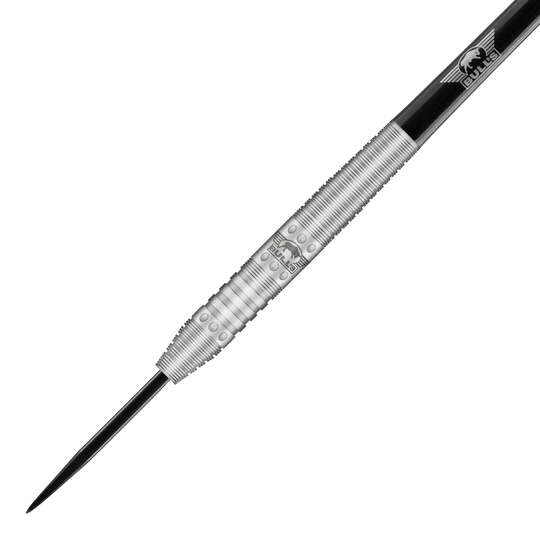 Bulls NL Richard Veenstra 80 stalen darts - 23g Das Bild zeigt einen silbernen Steeldartpfeil mit schwarzer Spitze und silbernen Ringen. Auf dem Barrel ist das Logo von Bulls NL eingraviert.