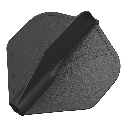Shot Airfoil Molded No2 Standaard Vluchten Das Bild zeigt eine schwarze, geformte Dart-Flügel aus Kunststoff. Die Oberfläche ist leicht strukturiert und hat eingeprägte Linien.