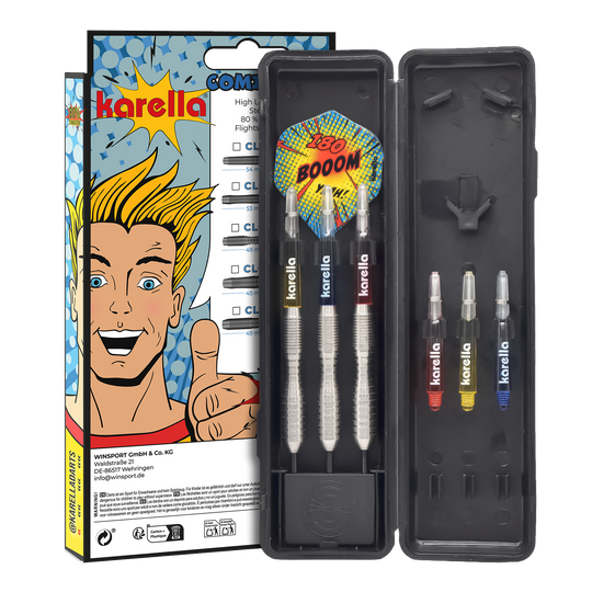 Karella Comic Line CL-3 stalen dartpijlen - 24 g Die Abbildung zeigt die Karella Comic Line CL-3 Steeldarts mit einem Gewicht von 24g. Die Darts sind für den professionellen Einsatz geeignet und haben ein ansprechendes Design.