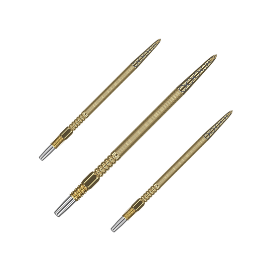 Target Swiss Point DX darttips - goud Das Bild zeigt drei goldene Dartspitzen mit feiner Gravur. Sie sind in einer Reihe nebeneinander angeordnet und haben silberne Endstücke.