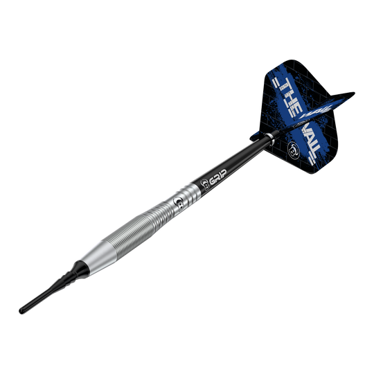 Bulls Martin Schindler TW80 zachte darts - 18g Auf dem Bild ist der Bulls Martin Schindler TW80 Softdart mit einem Gewicht von 18g zu sehen. Der Dart hat ein silbernes Barrel und schwarze Flights mit blauem Design.