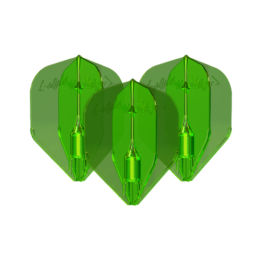 L-Style Fantom L3EZ Vluchten Groen Das Bild zeigt drei grüne L-Style Fantom L3EZ Flights für Dartpfeile. Die Flights sind durchsichtig und haben eine glänzende Oberfläche.