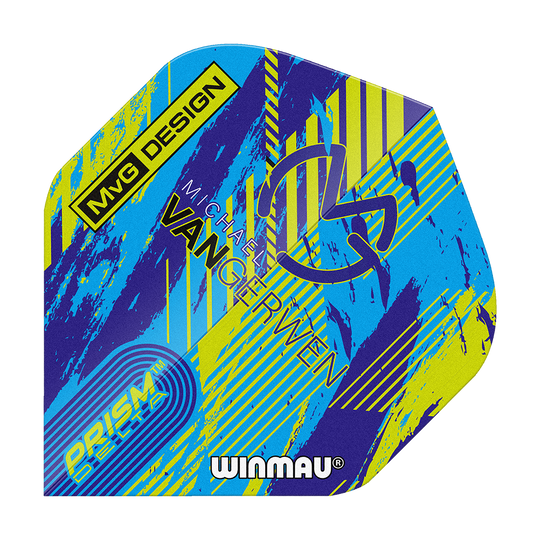Winmau Delta Michael Van Gerwen Prism 04 standaardvluchten Das Bild zeigt ein buntes Dartflight mit dem Namen "Winmau Delta Michael Van Gerwen Prism 04 Standard Flights". Auf dem Flight sind verschiedene Schriftzüge und ein modernes Design in Blau, Gelb und Lila zu sehen.