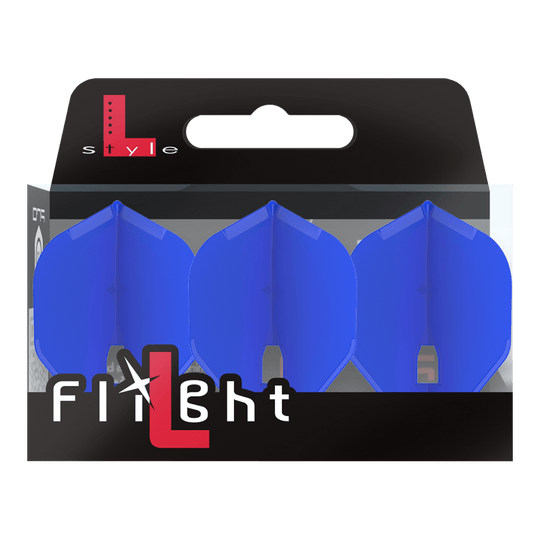 L-Style Champagne L1PRO Flights Auf dem Bild ist eine Packung mit drei blauen Dart-Flights der Marke L-Style zu sehen. Die Verpackung ist überwiegend schwarz und trägt die Aufschrift „Flight“.