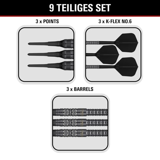 Target Black Marque Creed Soft Darts - 21,5 g Produktbild der Target Black Marque Creed Softdarts mit einem Gewicht von 21,5g. Die Darts sind auf hellem Hintergrund abgebildet.