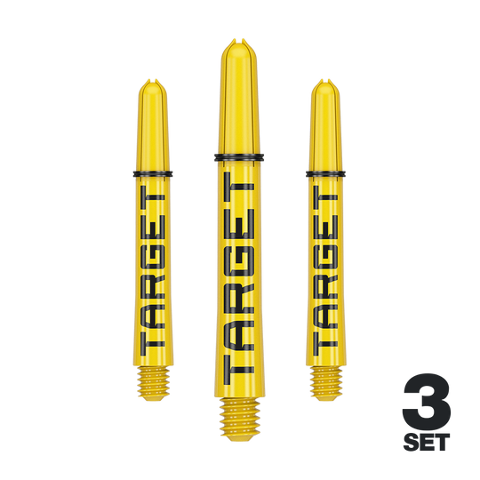 Target Pro Grip TAG Shafts - 3 sets - Geel Das Bild zeigt drei gelbe Dart-Schäfte mit der Aufschrift "TARGET". Unten rechts steht "3 SET", was auf ein Set mit drei Stück hinweist.