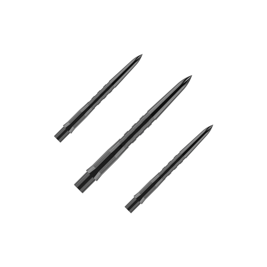 Mission Caliburn EVO dartpunten - gegroefd - zwart Das Bild zeigt drei schwarze, gerillte Steeldartspitzen, die parallel zueinander liegen. Die Spitzen sind spitz zulaufend und haben eine glänzende Oberfläche.