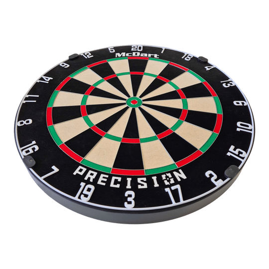 Dies ist ein McDart Precision Steeldartboard. Die Scheibe hat ein klassisches Design mit klarer Nummerierung und farbigen Markierungen.