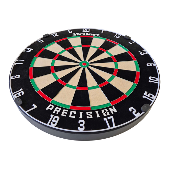 McDart Precision stalen dartbord Dies ist ein McDart Precision Steeldartboard. Die Scheibe hat ein klassisches Design mit klarer Nummerierung und farbigen Markierungen.