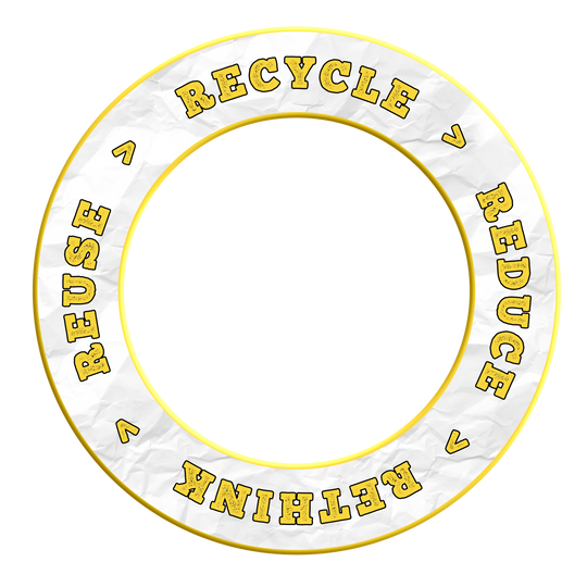 Das Bild zeigt das Produkt mit dem Dateinamen MSF-C7_McDart_Recyle_Reuse_Reduce_Rethink_Surround_Gelb_2. Es ist ein gelber Dartboard-Surround, der Nachhaltigkeit thematisiert.