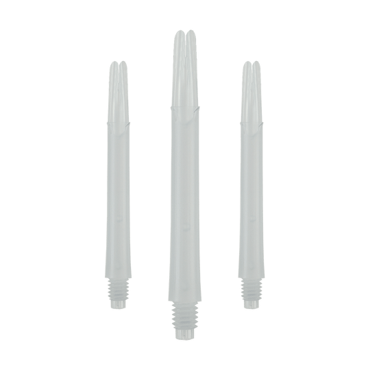 Das Bild zeigt drei gerade, milchig-weiße Dartshafts ohne Kappen. Sie sind nebeneinander angeordnet und jeweils mit einem Gewinde am unteren Ende versehen.