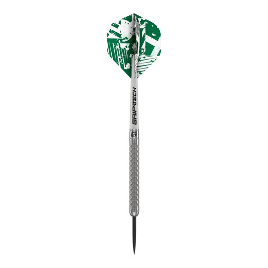 GOAT Fairway V1 Tungsten Steel Darts Das Bild zeigt einen GOAT Fairway V1 Tungsten Steeldart mit silbernem Schaft und Griffbereich. Die Dartflügel sind grün-weiß gemustert und tragen den Schriftzug "GRIP-TECH".