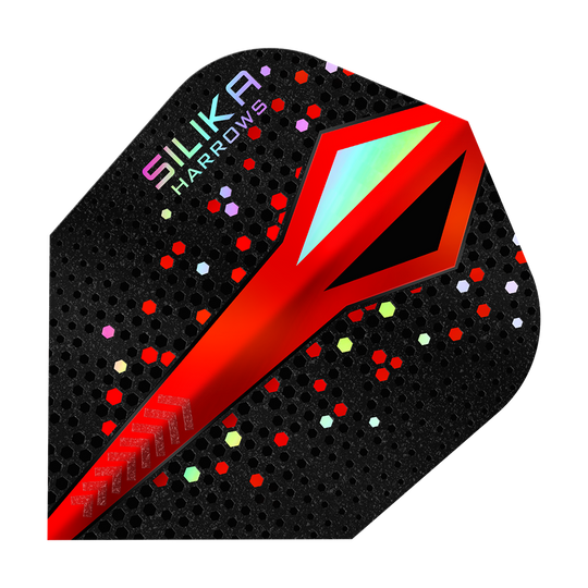 Das Bild zeigt ein rotes Dart-Flight mit dem Produktnamen „Harrows Silika Colourshift Tough Crystalline Coating Red No6“. Der Hintergrund ist schwarz mit bunten, sechseckigen Punkten und einem auffälligen, glänzenden Muster.