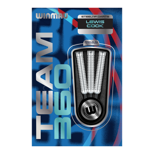 Winmau Team 360 Lewis Cook Steel Darts - 23g Das Bild zeigt Winmau Team 360 Lewis Cook Steeldarts mit einem Gewicht von 23g. Die Steeldarts sind detailliert von der Seite abgebildet.