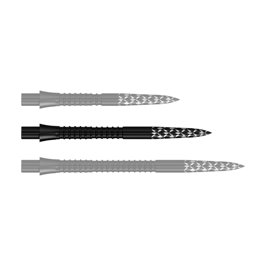 Mission Caliburn EVO dartpunten met GV-logo - Zwart Das Bild zeigt schwarze Steeldartspitzen mit einer Länge von 32 mm. Es handelt sich um die Mission Caliburn EVO GV-Logo Steeldartspitzen.