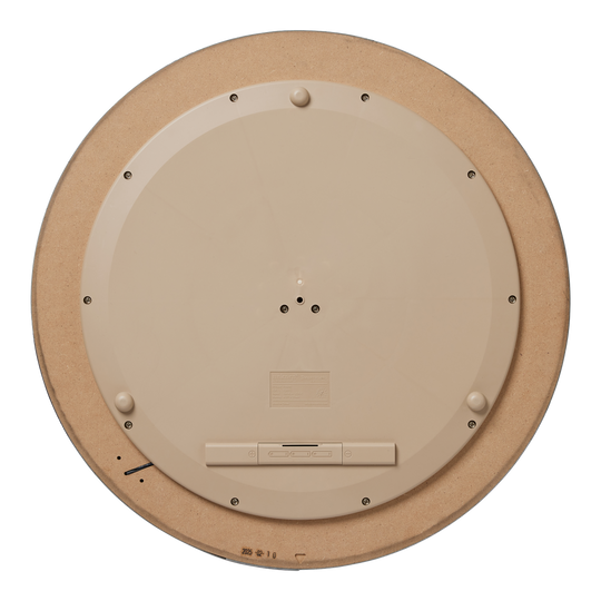 Unicorn Eclipse Smartboard stalen dartbord Dies ist die Rückseite des Unicorn Eclipse Smartboard Steeldartboards. Sie zeigt eine kreisförmige, beige Kunststoffabdeckung mit mehreren Schrauben und einem Batteriefach.