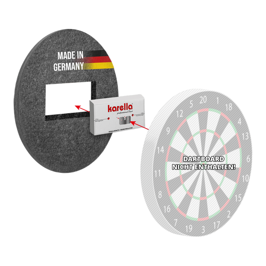 Compacte geluidsisolatie van Karella voor stalen dartborden Kompakter Schallschutz Karella für Steeldartboards ist auf dem Bild zu sehen. Es handelt sich um einen schalldämpfenden Schutz für Steeldartboards.