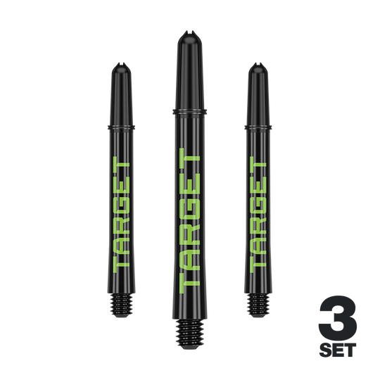 Target Pro Grip TAG Shafts - 3 Sets - Zwart Groen Mehrere Dart-Schäfte mit glatten Linien und dezenter Farbe sind abgebildet. Das Produkt ist ordentlich arrangiert.