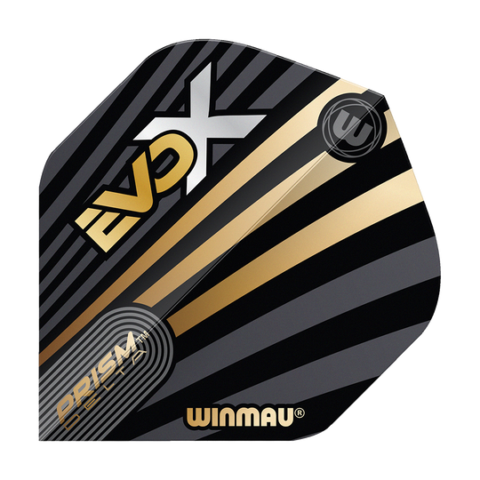 Winmau Prism Delta MvG Evo-X No2 Standaardvluchten Das Bild zeigt ein Winmau Prism Delta MvG Evo-X No2 Standard Flight. Das Flight ist schwarz mit goldenen und grauen Streifen sowie dem Schriftzug "EVO-X" und "WINMAU".