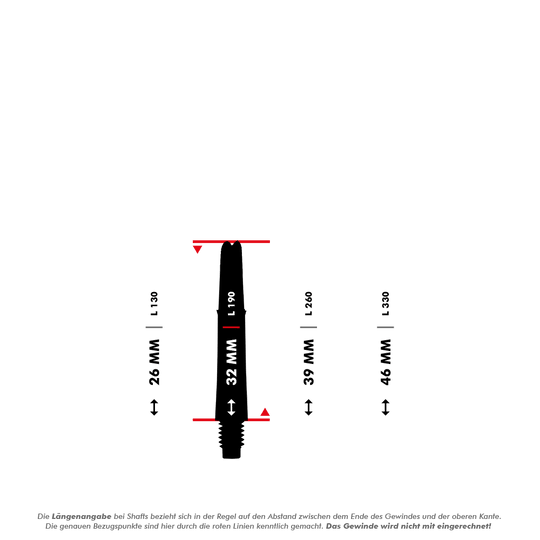 Das Bild zeigt eine schematische Darstellung eines Dart-Schafts mit Maßangaben. Es werden verschiedene Längen in Millimetern angegeben, die zwischen den roten Linien gemessen werden.