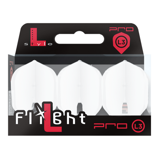 L-Style Champagne L3PRO Shape Flights Das Bild zeigt ein Produkt mit dem Namen 'L-Style Champagne L3PRO Shape Flights White 2'. Es handelt sich vermutlich um einen weißen Dart-Flug in spezieller Form.
