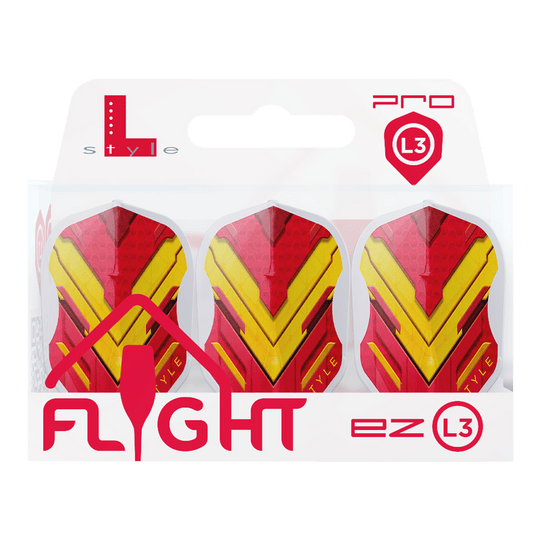 L-Style V-Serie V1 Type A Spanje Helder Wit L3EZ Vluchten Das Bild zeigt eine Packung mit drei Dart-Flights der Marke L-Style in den Farben Rot und Gelb. Auf der Verpackung steht „FLIGHT ez L3“ und oben rechts ist das Pro L3-Logo zu sehen.