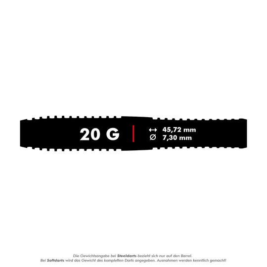 2465_Winmau_Maverick_Softdarts_5_20g Das Bild zeigt die Maße des Winmau Maverick Softdarts mit einem Gewicht von 20 Gramm. Der Dart hat eine Länge von 45,72 mm und einen Durchmesser von 7,30 mm.