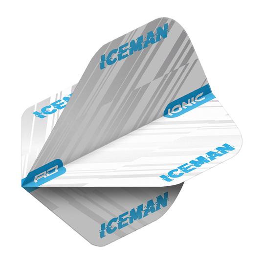 Das Bild zeigt ein Dart-Flight mit weißem Hintergrund und blauen sowie grauen Streifen. Auf dem Flight steht mehrmals das Wort "ICEMAN" in blauer Schrift.