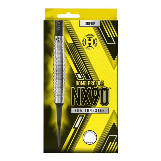 Harrows NX90 Bomb Soft Darts Die Verpackung zeigt die "Harrows NX90 Bomb Softdarts" mit einem auffälligen gelb-schwarzen Design. Auf der Vorderseite steht, dass die Darts aus 90% Tungsten bestehen und eine Bombenform haben.