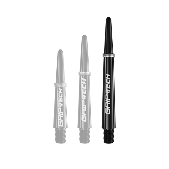 GOAT Griptech Shafts - Zwart Auf dem Bild sind drei schwarze Dartschäfte in verschiedenen Längen zu sehen. Auf jedem Schaft steht das weiße Logo "GRIPTECH".