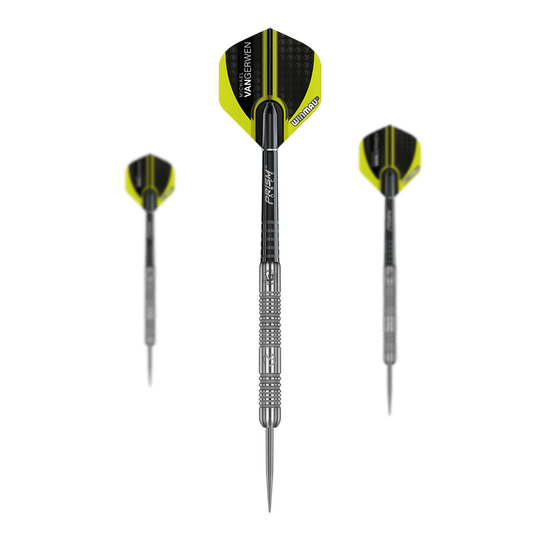 Winmau Michael Van Gerwen MvG Authentieke Steeldarts Das Bild zeigt drei Winmau Michael Van Gerwen MvG Authentic Steeldarts. Die Darts haben silberne Spitzen und Schäfte sowie gelb-schwarze Flights mit der Aufschrift „Van Gerwen“.