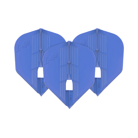 L-Style KAMI L3PRO-vluchten Das Bild zeigt drei blaue Dartflights der Marke L-Style. Sie sind nebeneinander aufgereiht und haben eine moderne, strukturierte Oberfläche.