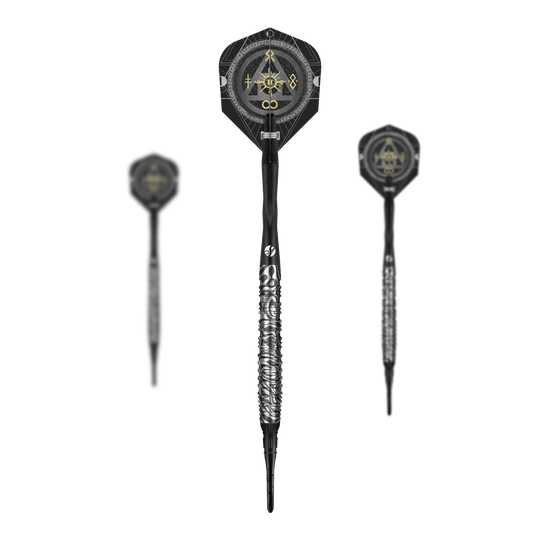 Abgebildet ist das Set der Shot Alchemy Runstel Softdarts mit 20 Gramm. Die Darts sind als Set zusammengefasst zu erkennen.