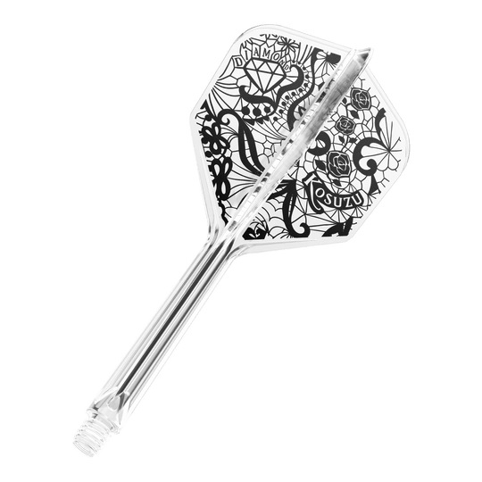 Target Japan K-Flex Diamond No6 Flight Shaft-systeem Dies ist ein durchsichtiges Dart-Flightsystem mit schwarzem, detailreichem Muster. Das Design zeigt unter anderem ein Diamant, Rosen und Spinnweben.